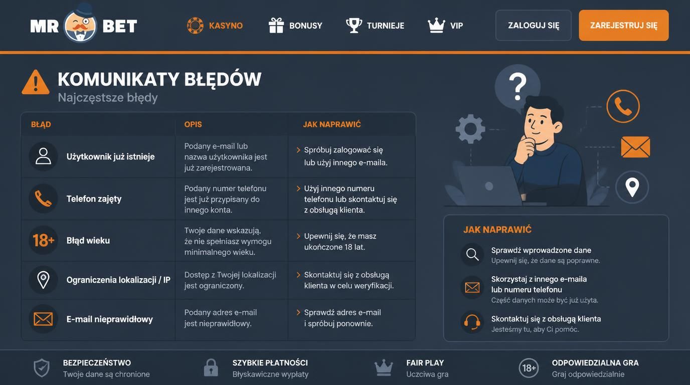 przegląd komunikatów błędów rejestracji i ich rozwiązania